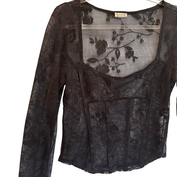Free People Intimately Black Sheer Floral Lace Long Sleeve Mesh Top Large boho - Picture 5 of 6